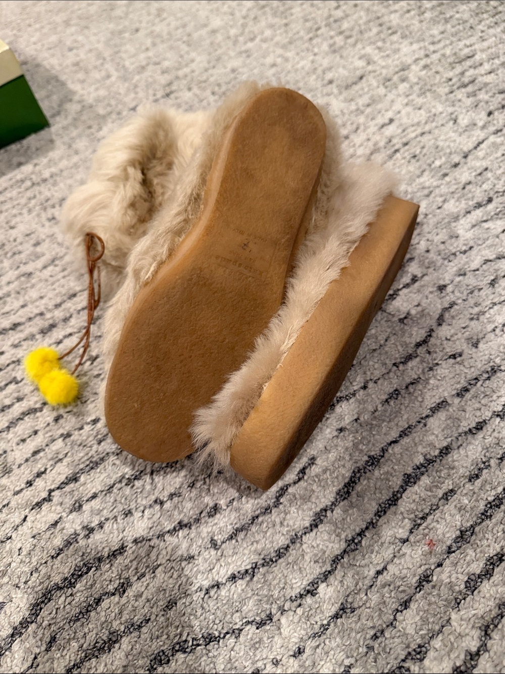 kate spade Beige Faux-Fur Ankle Boots with Yellow Pom-Poms size 7 - Picture 6 of 10